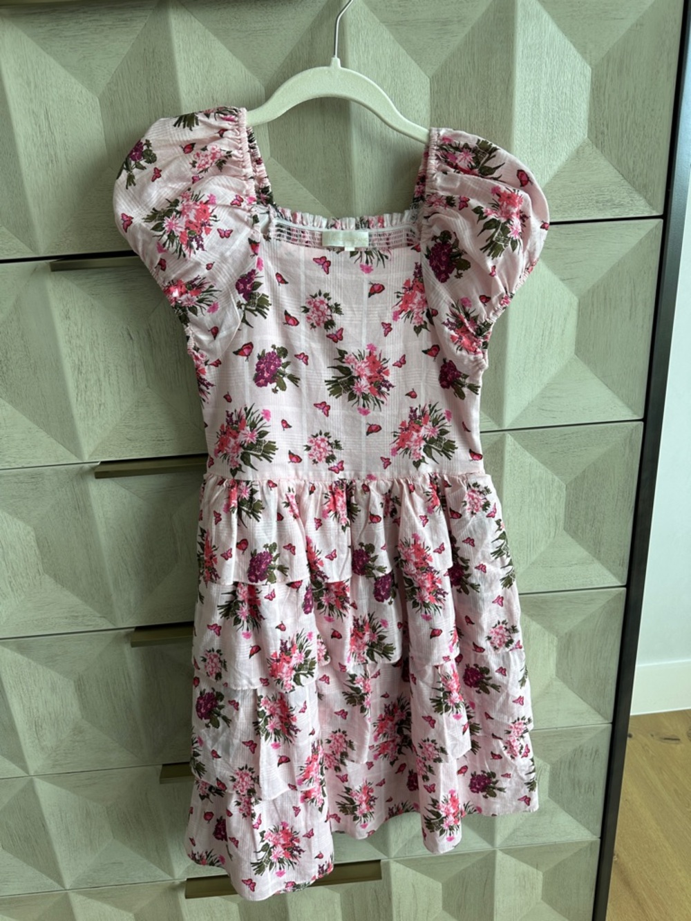 LoveShackFancy Pink Floral Puff-Sleeve Tiered Dress for Kids